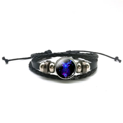 New Men's 12 Constellation Black Braided Leather Bracelet – Punk Style Zodiac Sign Multilayer Wrap Bracelet for Birthday Gifts