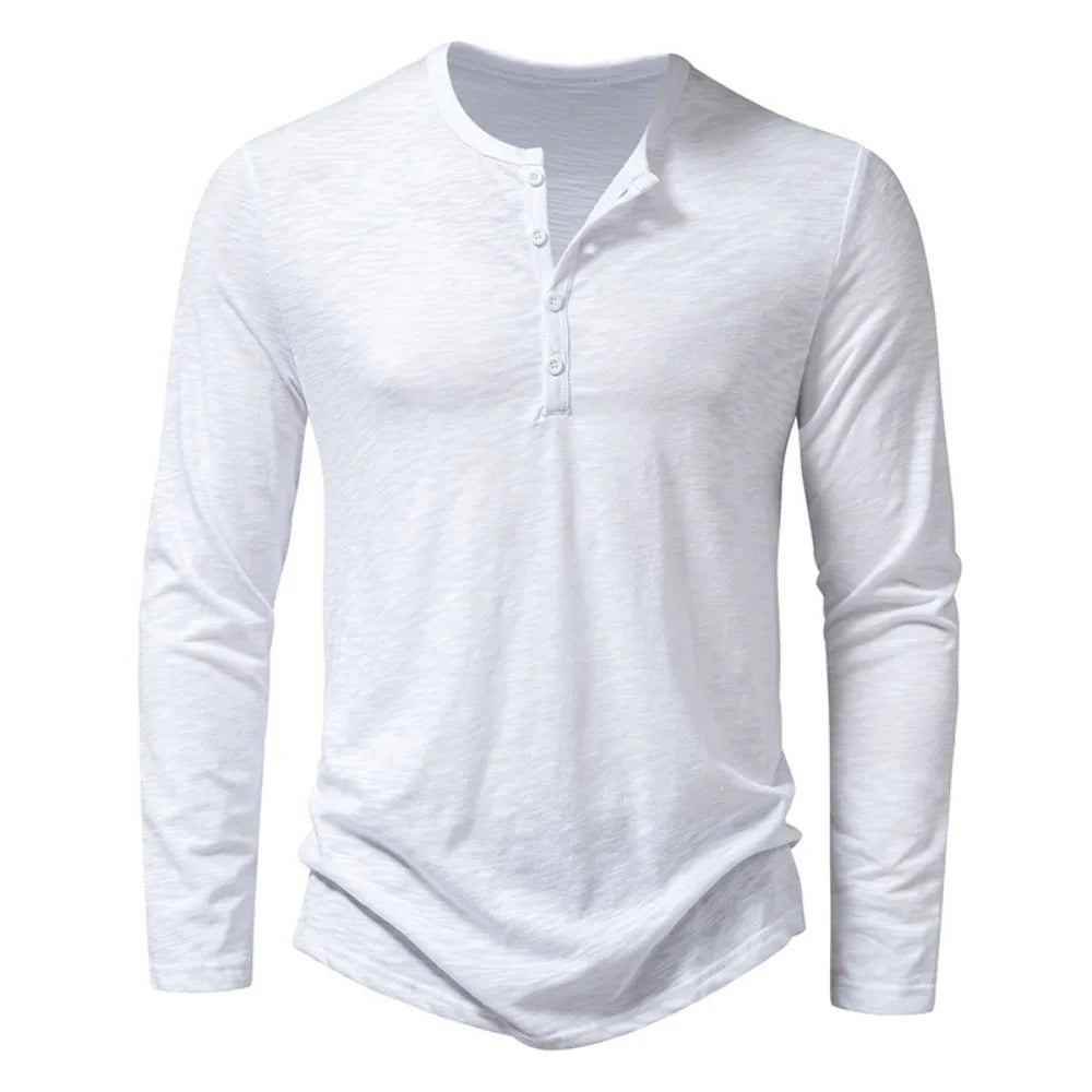 Men's Cotton Button Henley Shirt - Long Sleeve Casual Fashion T-Shirt, Solid Color