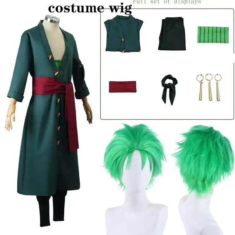 Roronoa Zoro Cosplay Costume – Anime Kimono Robe Cloak Uniform Outfit with Earrings, Halloween & Comic Con Roleplay Dress Up Suit