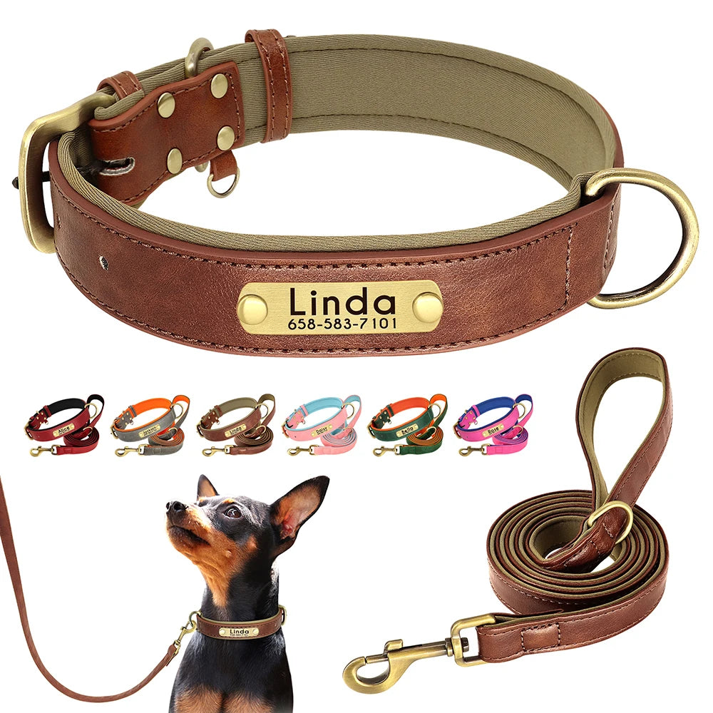 Customized Leather Dog Collar & Leash Set – Soft Padded Adjustable Collar for Small, Medium & Large Dogs with Engraved Nameplate