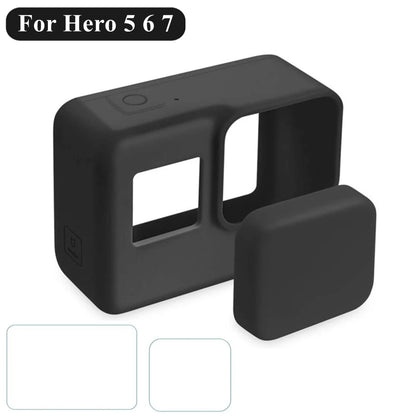 GoPro Hero 7/6/5 Silicone Case — Black with Tempered Glass Screen Protector, Lens Cap & Protective Film Accessories