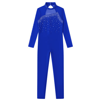 Kids Girls Long Sleeve Rhinestone Bodysuit — Full Body Dancewear Gymnastics Leotard Skating Jumpsuit