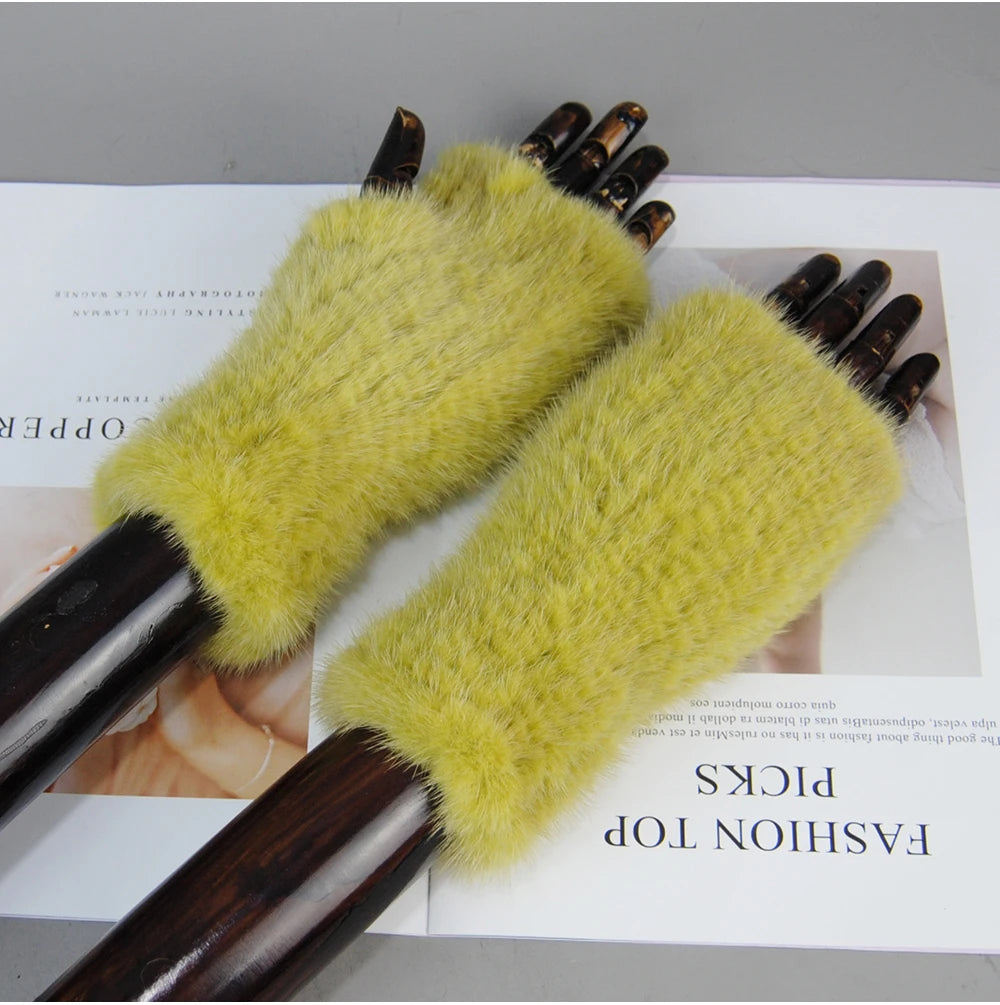 Women’s Winter Mink Fur Gloves – 100% Natural Fingerless Knitted Mittens for Warmth
