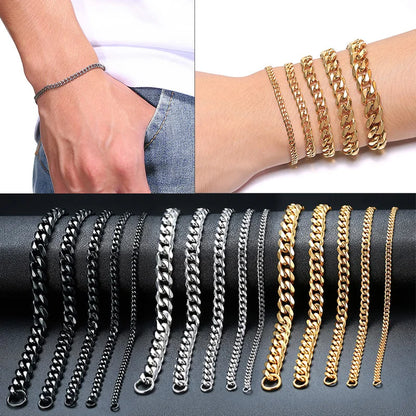 Vnox Men’s Simple Stainless Steel Curb Cuban Link Chain Bracelet – 3-11mm Width, Unisex Wrist Jewelry – Ideal Gift for Women and Men