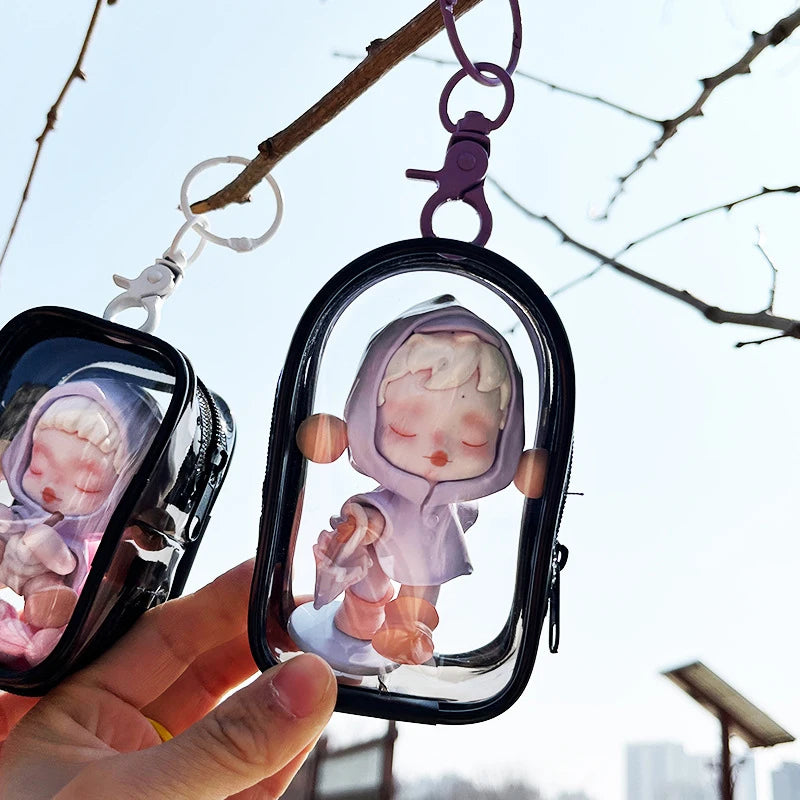 Transparent Jewelry Organizer Box – Plastic Storage Pouch with Keychain, Dustproof Case, Cute Doll Bag for Accessories