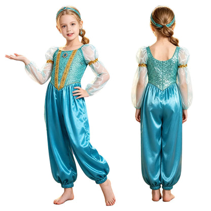 Girls Arabian Princess Costume - Metallic Sequin Bodice Tulle Satin Jumpsuit for Halloween, Carnival & Dance Performances