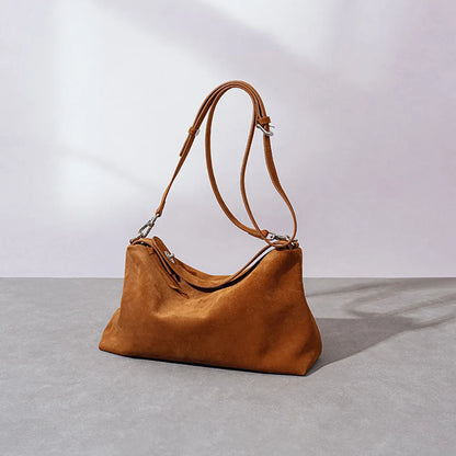 Simple Autumn Winter Grey & Brown Boston Tote — Soft Matte Suede Cow Leather Women's Shoulder Handbag