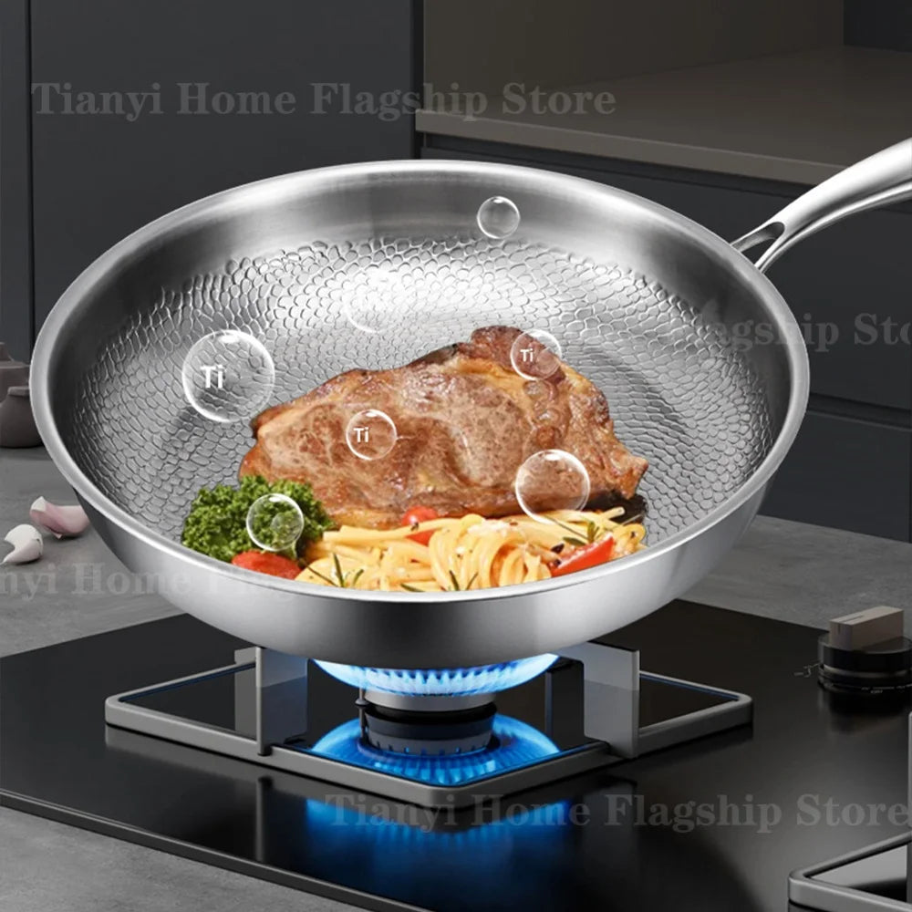 Titanium Stainless Steel Frying Pan - Non-Stick Wok Skillet for Eggs, Steak & Induction or Gas Stoves, 22/24/26/28/30cm