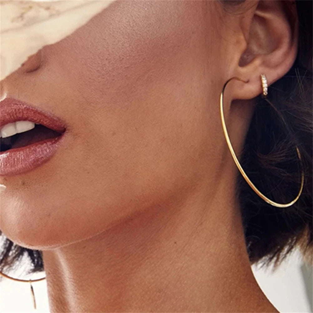 Gold-Plated Large Round Hoop Earrings — Smooth Stainless Steel Circles for Women, Multiple Sizes 12–60mm, Jewelry Gift