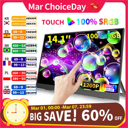 HGFRTEE 14" Touchscreen Portable Monitor – 100% sRGB, 400cd/m² Gaming Display for Xbox, PS4/5, Switch, Laptop