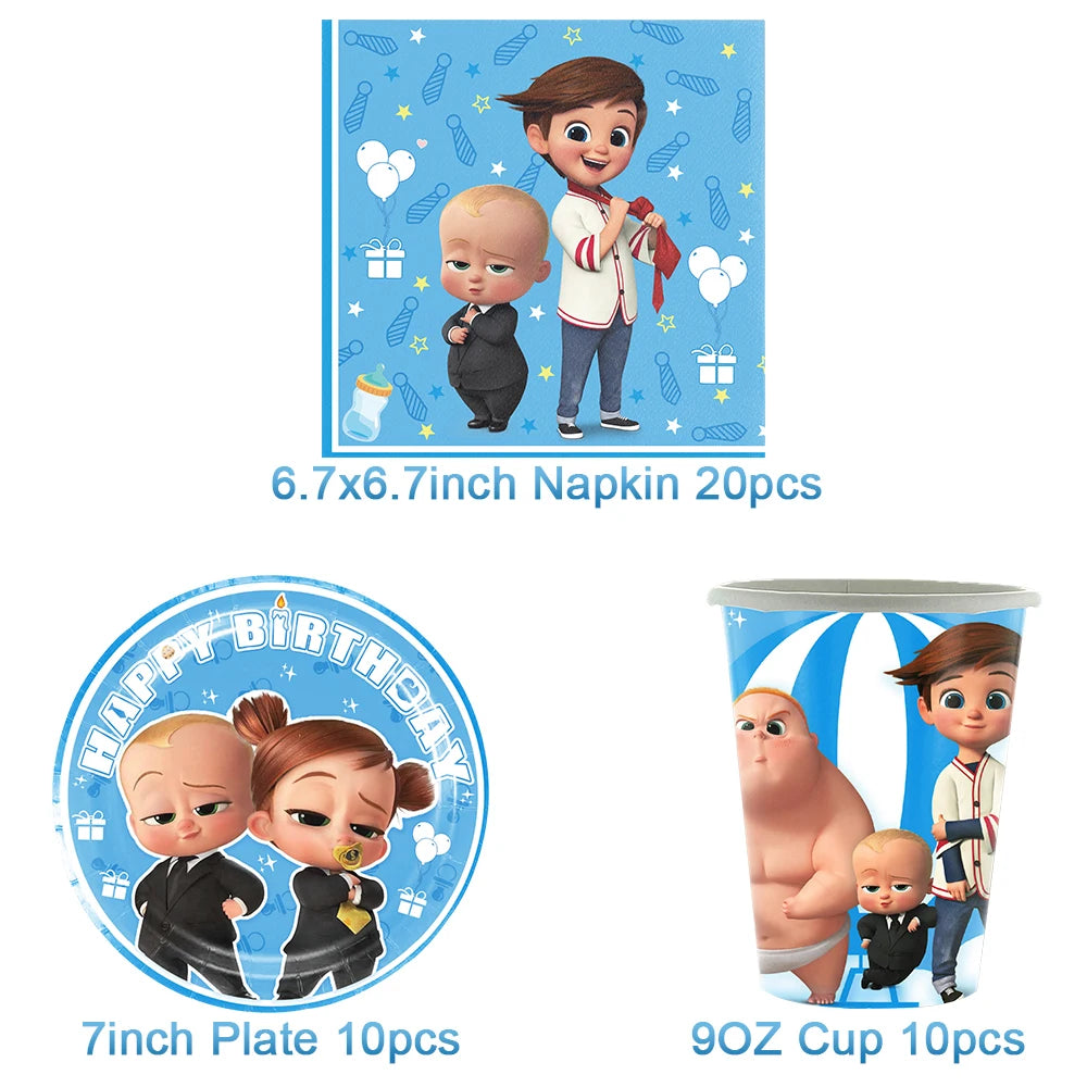 Cartoon Boss Baby Birthday Party Set - Disposable Tableware, Backdrop & Balloons for Kids Baby Shower Decor