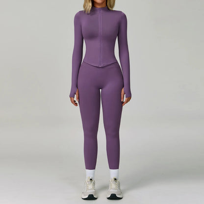 2/3PCS Women’s Seamless Yoga & Gym Set – Push-Up Sports Bra, Long Sleeve Jacket & Workout Leggings