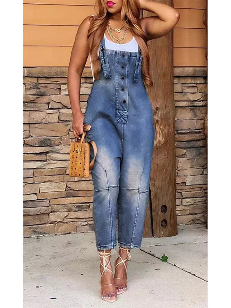 Women's Denim One Piece Jumpsuit - Sleeveless Straight Leg Overalls Romper for Casual & Office Wear