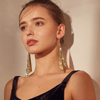 Women’s Metal Sequin Drop Earrings - Long Geometric Tassel Statement Jewelry for Wedding & Party Style