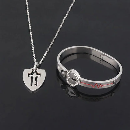 Couple Stainless Steel Love Lock Bracelet with Key Pendant Necklace – Romantic Jewelry Gift for Men and Women