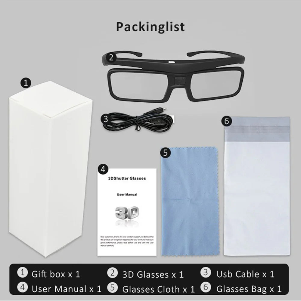 2025 DLP Link Active Shutter 3D Glasses – USB Rechargeable Eyewear for Home Cinema DLP Projectors (Not for All TVs)