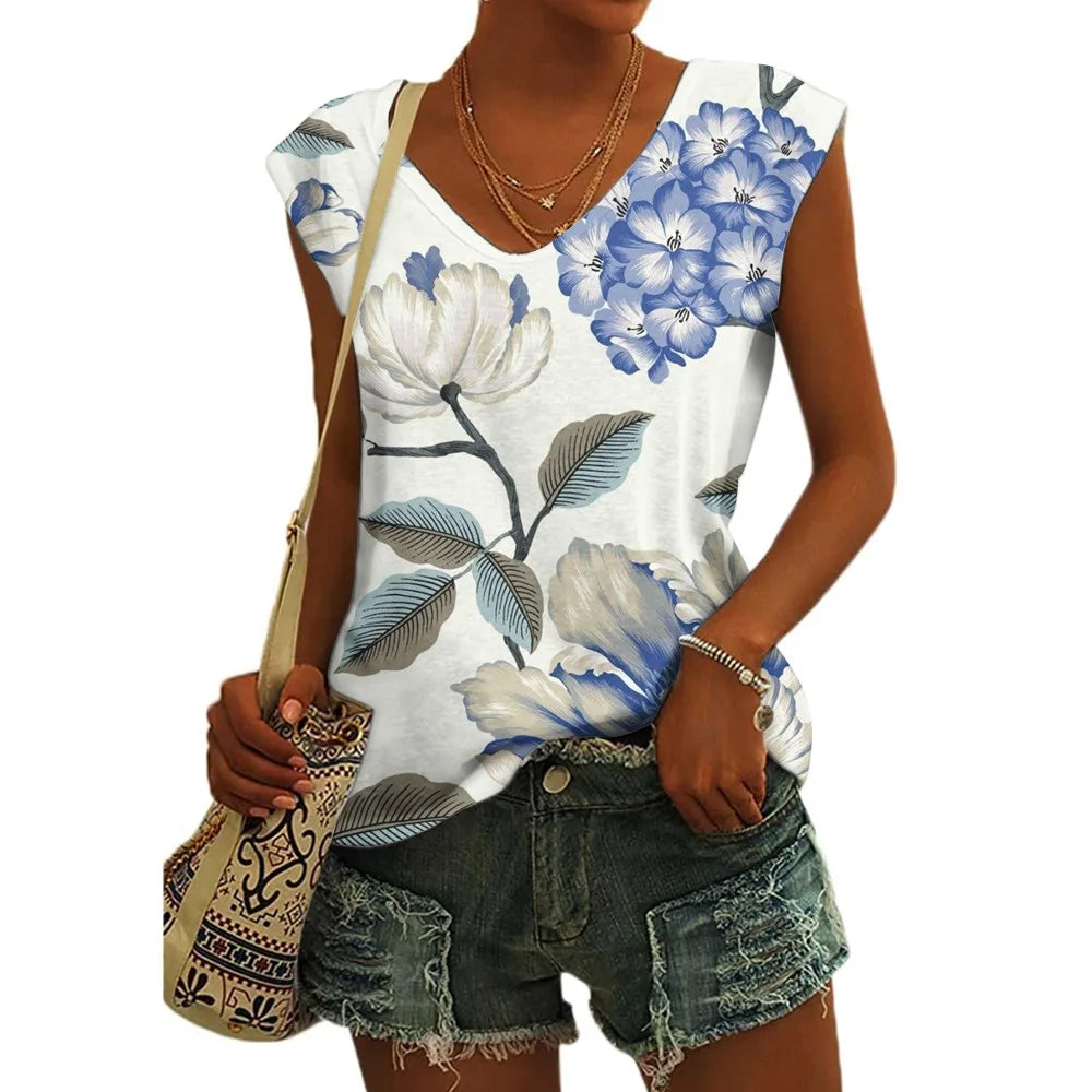 Women’s Floral Print T-Shirt - V Neck Cap Sleeve Loose Fit Summer Beach Top with Breathable Casual Style