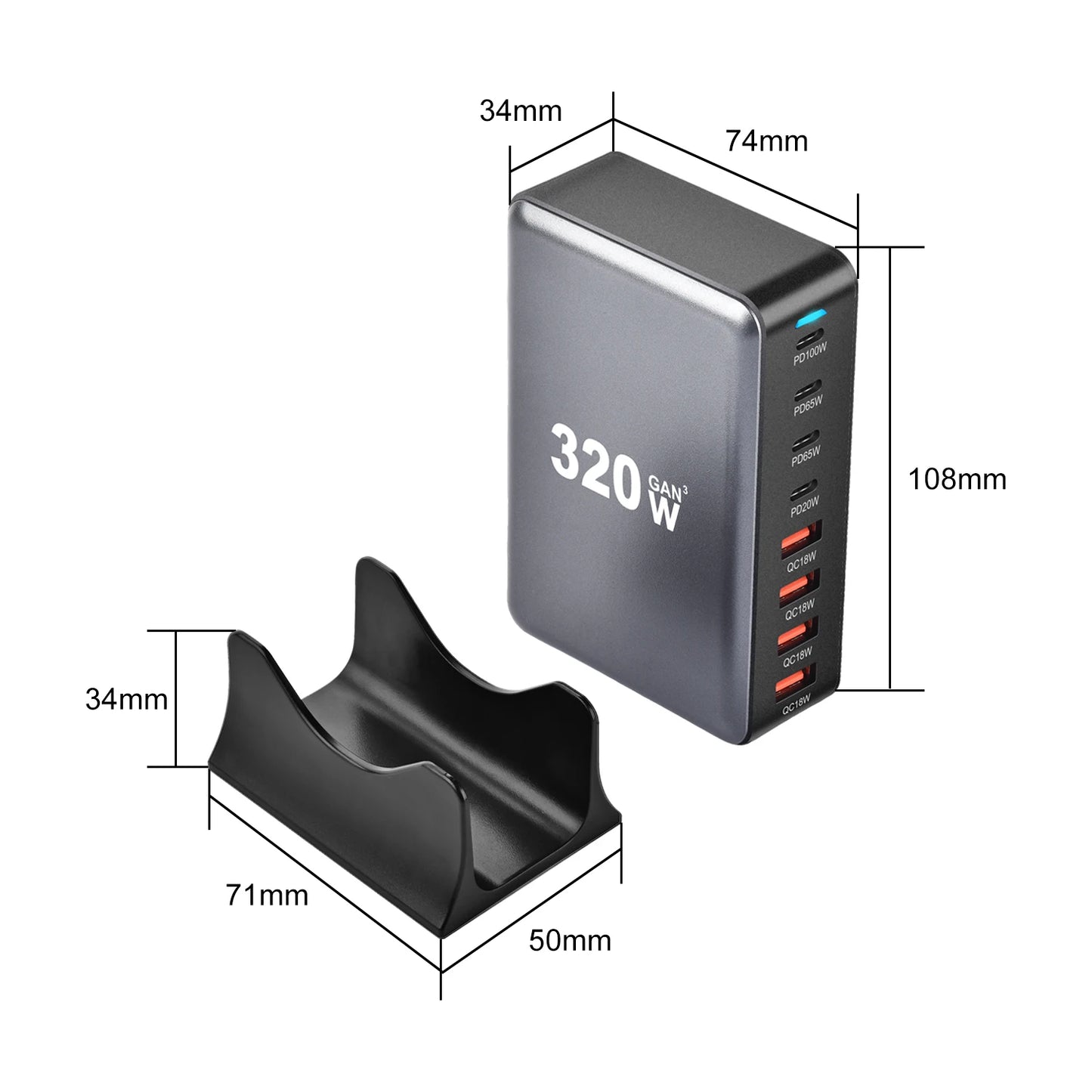 320W GaN USB-C Fast Charger - 8 Port Desktop Charging Station with Type C PD & Quick Charge 3.0 for iPhone 15, 14, Samsung