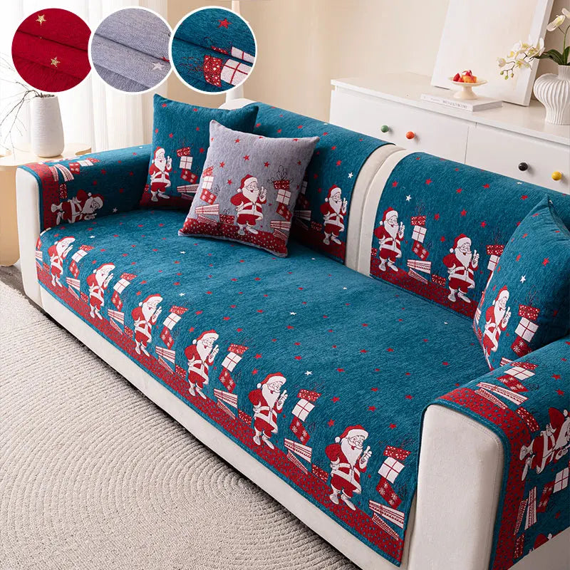 Santa Claus Chenille Sofa Mat – Red Non-Slip Universal Christmas Cover for All Seasons