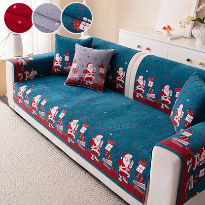 Santa Claus Chenille Sofa Mat – Red Non-Slip Universal Christmas Cover for All Seasons