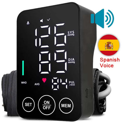 Spanish Voice Blood Pressure Monitor – Digital Arm Sphygmomanometer with LED Big Screen Tonometer