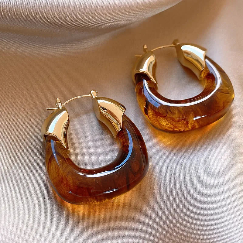 Retro Brown Resin U-Shaped Hoop Earrings — European & American Geometric Earrings for Women, Simple Fashion Jewelry Gift
