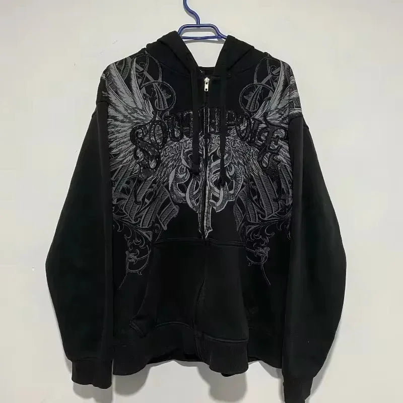 2000s Red Couple Zipper Hoodie – Vintage Y2K Skull Snake Cotton Full-Zip Sweatshirt