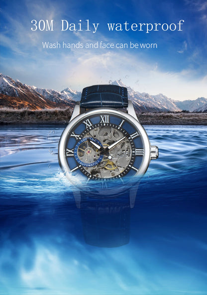 LONGLUX Rome Automatic Mechanical Waterproof Men’s Watch – Hollow Dial Leather Wristwatch Gift