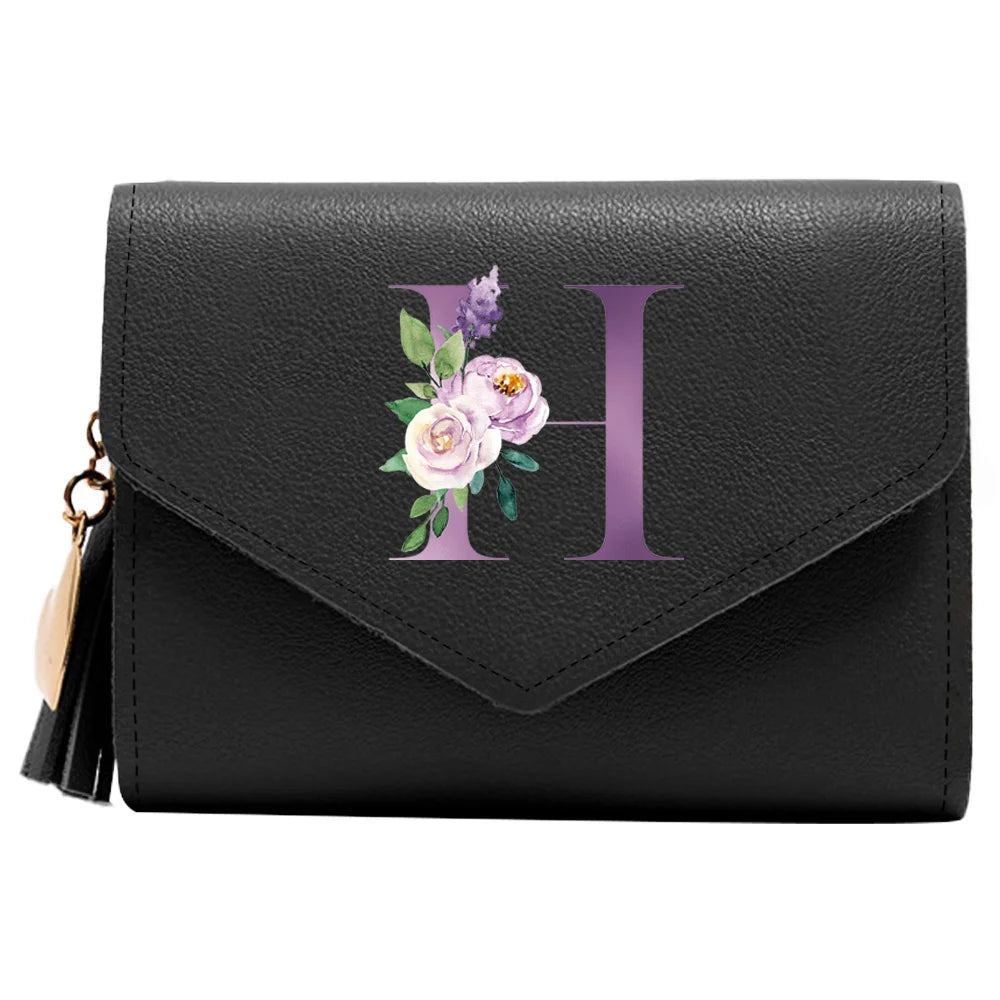 Women's RFID Leather Wallet - Compact Luxury Mini Purse With ID Window, Purple Letter Pattern & Card Holder Design