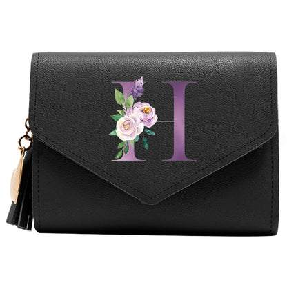 Women's RFID Leather Wallet - Compact Luxury Mini Purse With ID Window, Purple Letter Pattern & Card Holder Design