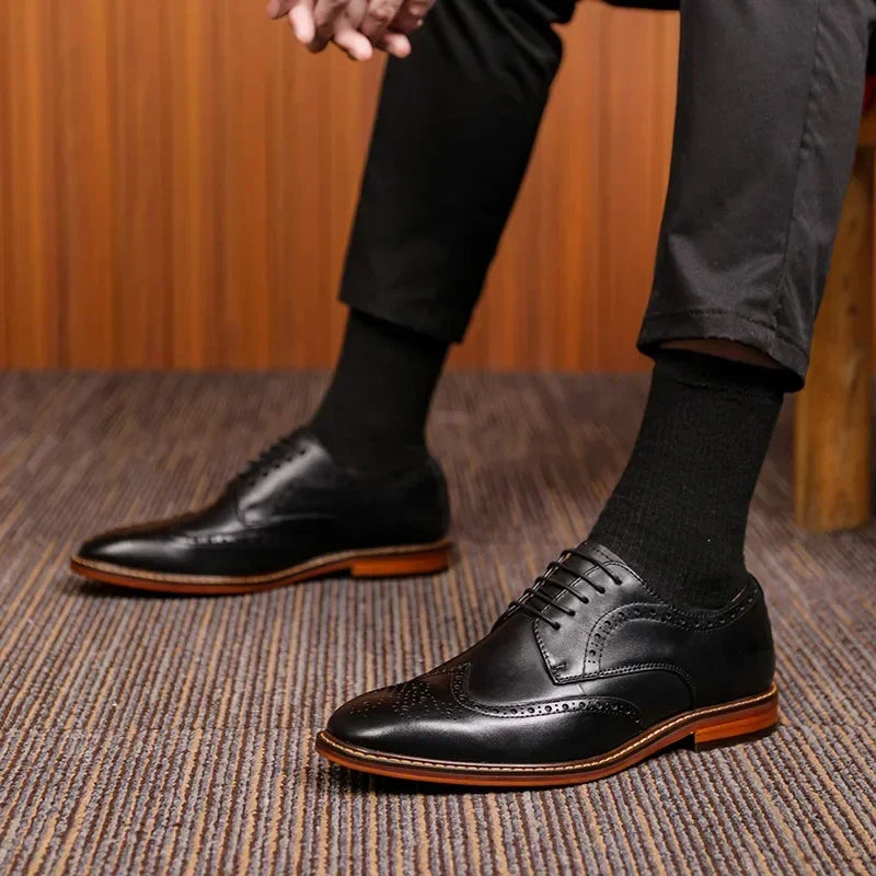 Men’s Genuine Cow Leather Oxford Shoes - Handmade British Vintage Carved Brogue Derby Dress Shoes