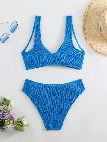 2025 Summer Women's Two-Piece Swimsuit – Solid High Waist V-Neck Backless Bikini Set Beachwear