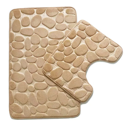2PC Set Funnel Cobblestone Anti-Slip Bathroom Mat - Toilet Rug, New Bath Mat Set
