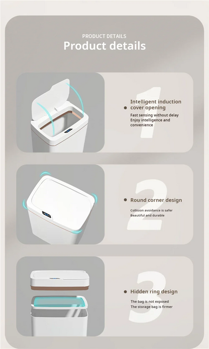 15L Smart Automatic Bathroom Trash Can — Touchless Electronic Sensor Bin with Self-Bagging, White Narrow Garbage Bin for Smart Home