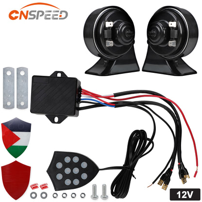 12V Universal Electronic Car Horn – 10 Sound Musical Siren Controller with Snail Trumpet, Automotive Alarm Accessory