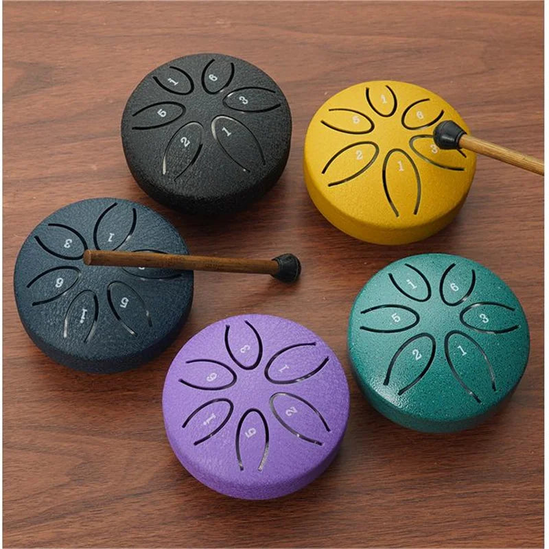 3-Inch 6-Tone Steel Tongue Drum — Mini Hand Percussion Instrument with Ethereal Drum Sticks for Outdoor & Rain Drum Music