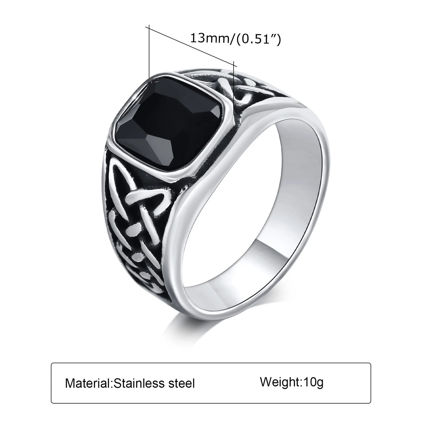 Punk Vintage Ethnic Rings for Men – Retro Viking Knot Rune, Black Geometric Square Stone Signet Jewelry