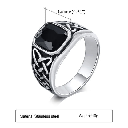Punk Vintage Ethnic Rings for Men – Retro Viking Knot Rune, Black Geometric Square Stone Signet Jewelry