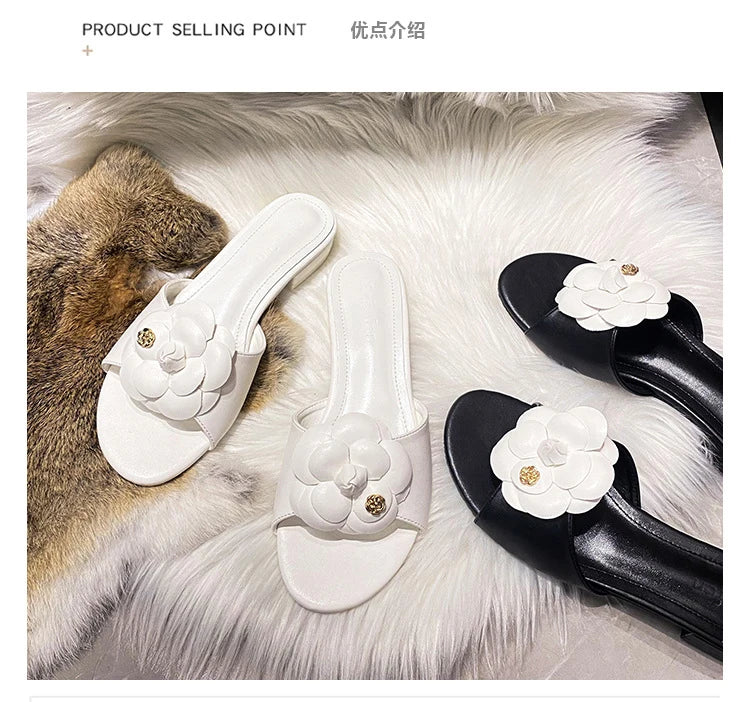 Luxury Women’s Flower Slippers — Camellia Open-Toe Slides for Home & Outdoor, Ladies Flip Flop Sandals