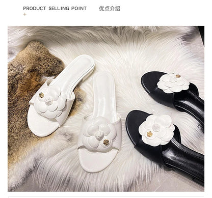 Luxury Women’s Flower Slippers — Camellia Open-Toe Slides for Home & Outdoor, Ladies Flip Flop Sandals
