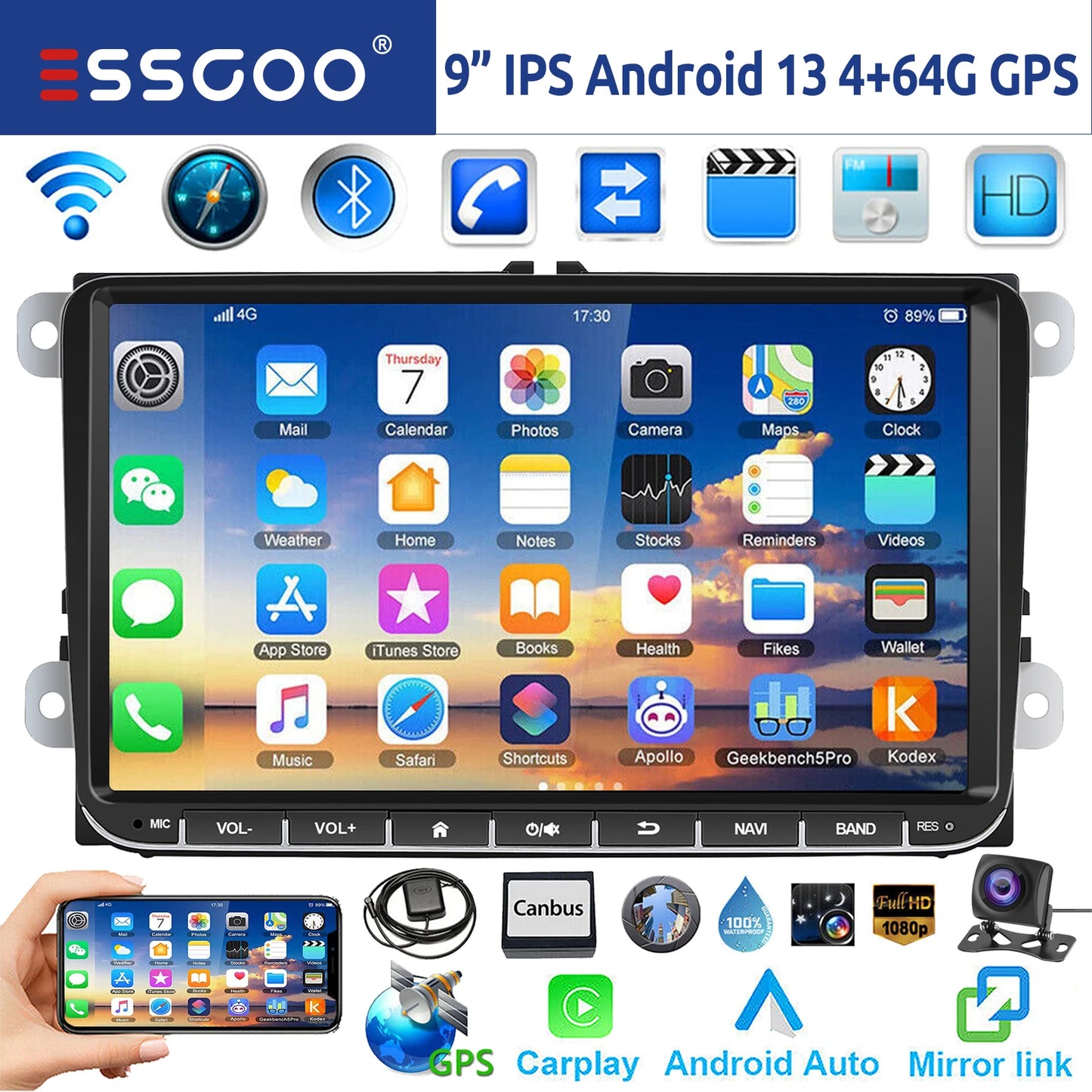 9" Android 15 Car Stereo - 6GB+128GB Wireless CarPlay GPS WiFi Bluetooth FM for VW