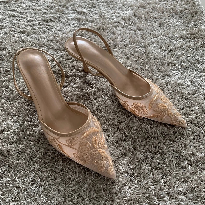 2026 Beaded Mesh Slingback Heels - Women's Pointed Toe Luxury Summer High Heel Sandals