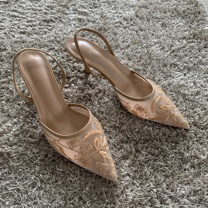 2026 Beaded Mesh Slingback Heels - Women's Pointed Toe Luxury Summer High Heel Sandals