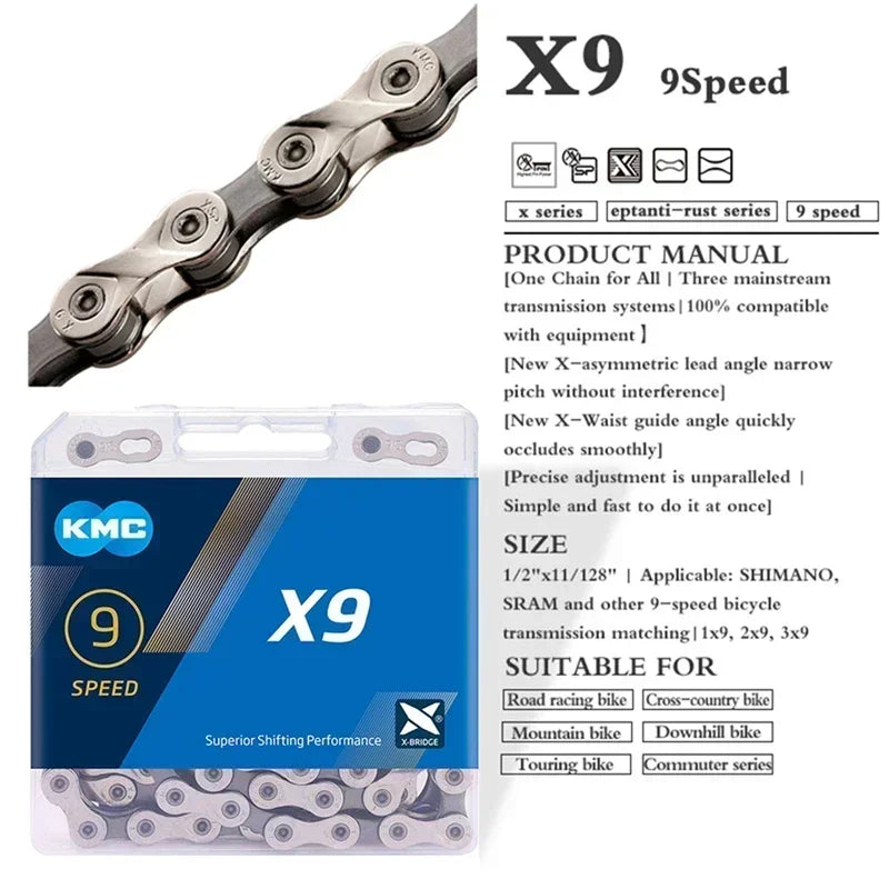 KMC X8 X9 X10 X11 X12 Bicycle Chain – 8v, 9v, 10v, 11v, 12v, 118L/126L, Road/MTB Chain with Quick-Link for SHIMANO SRAM Crankset