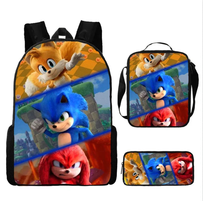 3PC Sonic Backpack School Bag Set – Anime Cartoon Zipper Backpack for Boys & Girls, Primary and Middle School Students