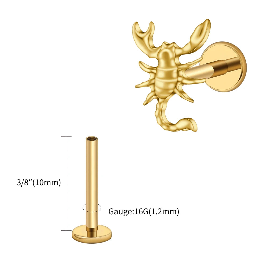 Right Grand ASTM F136 Titanium 16G Scorpion Labret Stud Earring – Flatback Zodiac Design for Tragus, Helix & Cartilage Piercing Body Jewelry