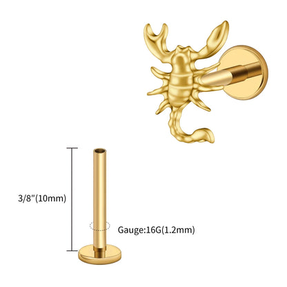 Right Grand ASTM F136 Titanium 16G Scorpion Labret Stud Earring – Flatback Zodiac Design for Tragus, Helix & Cartilage Piercing Body Jewelry