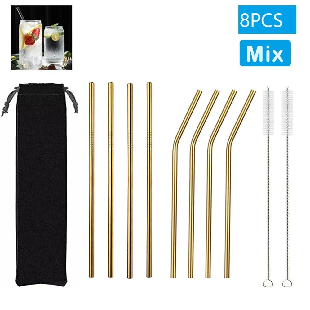 Eco-Friendly Reusable Glass & Metal Straws – 1/20PCS with Cleaning Brush for Smoothies, Milkshakes & Cocktails