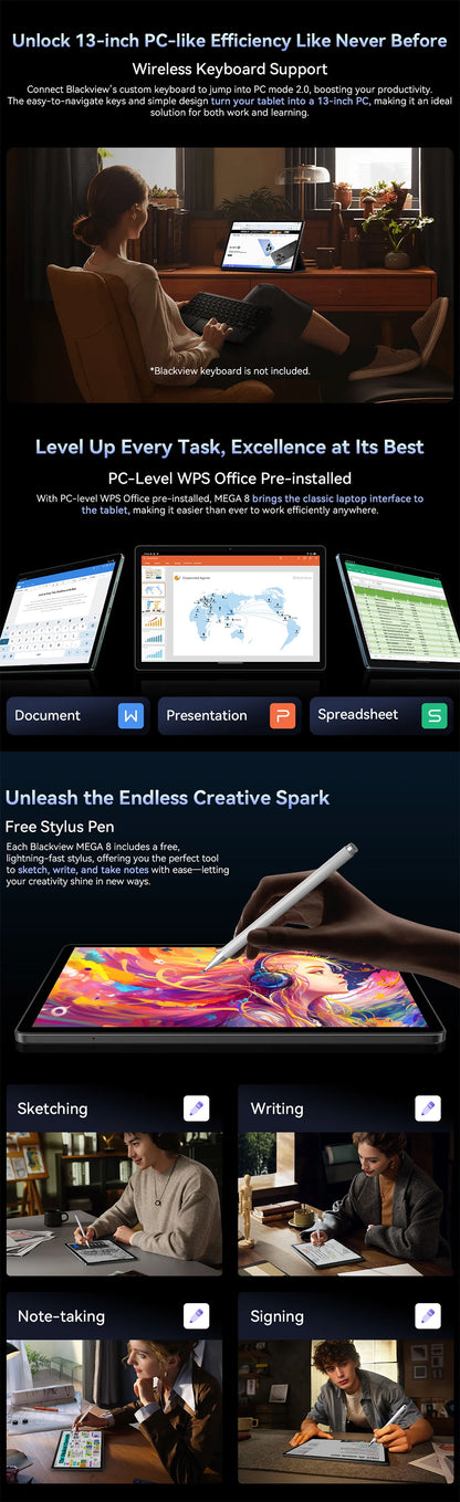 Blackview MEGA 8 Tablet – 13" FHD+ 90Hz Display, 11000mAh, Android 15, 50MP Camera, 4 Speakers, 4G Pad PC