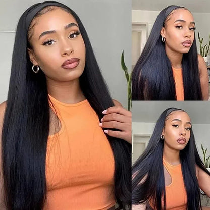 Headband Wig – 180% Density Bone Straight Peruvian Human Hair Wig for Black Women, Full Machine Made